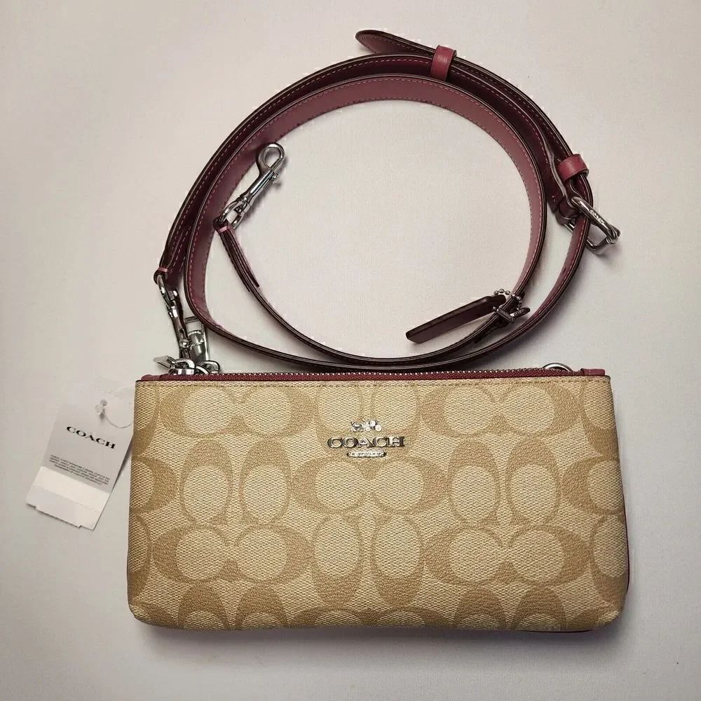 NWT Coach CJ790 Signature Double Zip Crossbody Handbag Light Khaki Raspberry